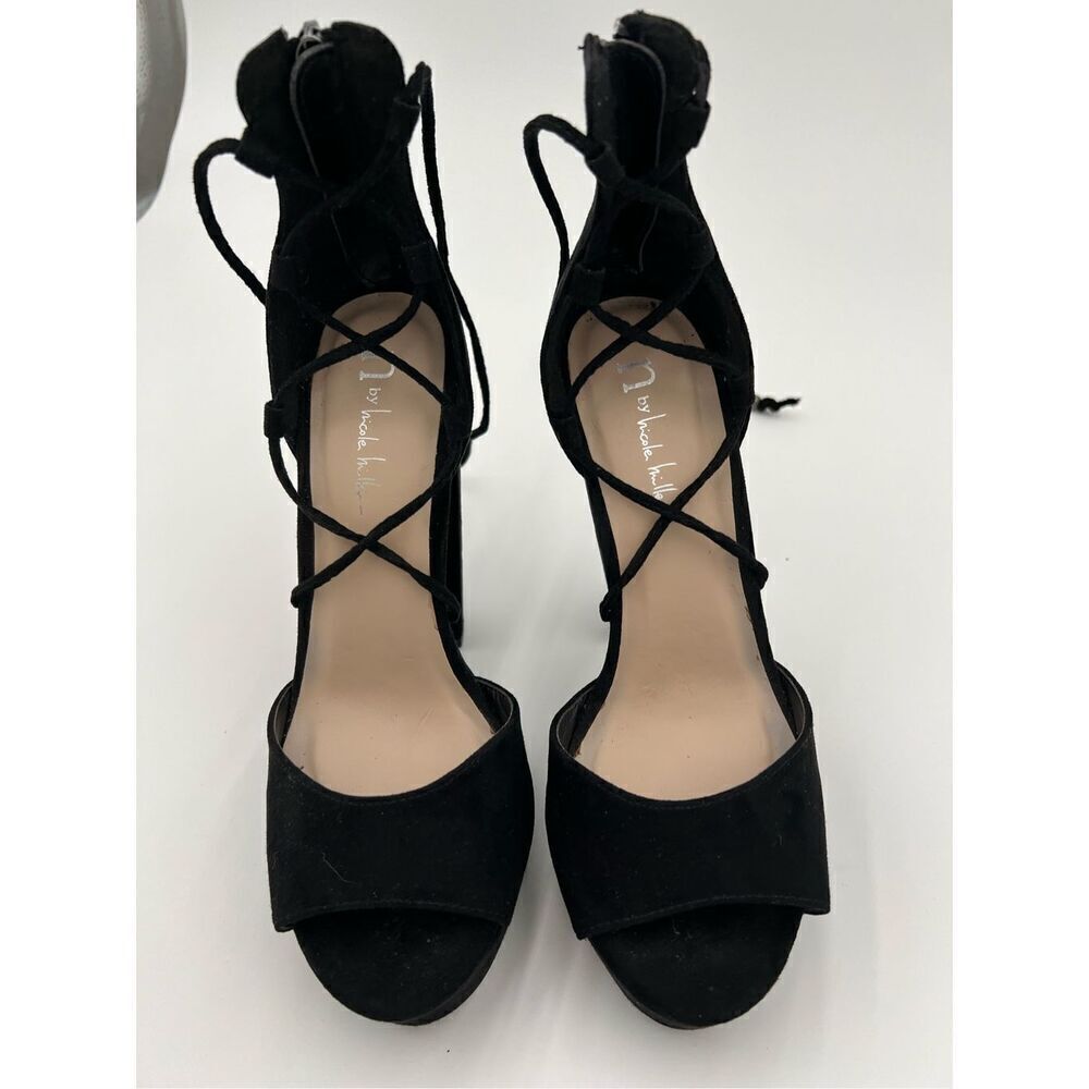 n by Nicole Miller Chunky Platform Vegan Suede Black Heels Tie Up Sandal 6.5 new